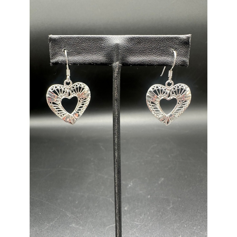 Sterling Silver 925 SU Filigree Open Heart Drop Earrings Diamond Cut Dangle‎